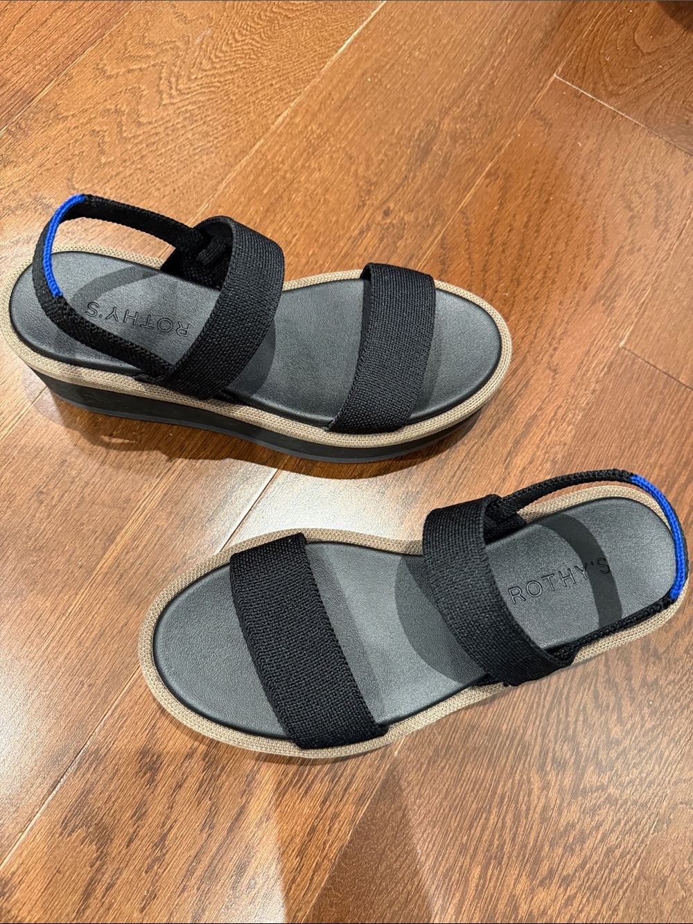 Rothy's Black Platform Sandal with Blue Heel Tab 5.5 worn 3 times